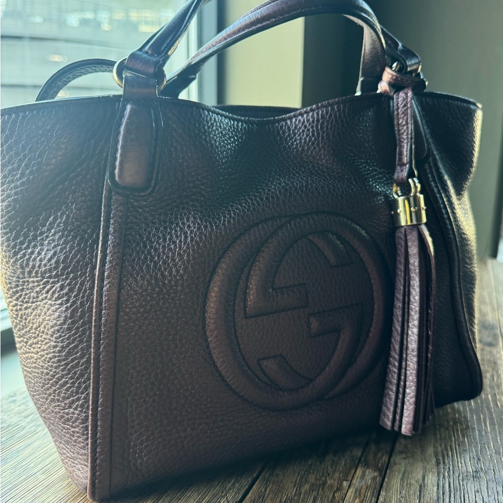 Gucci Pebbled Leather Satchel in Deep Burgundy with Tassel - Picture 6 of 12